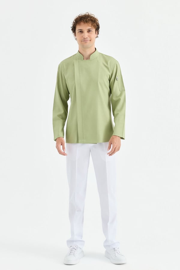 1923 Gizli Pat Erkek Şef Ceketi Yeşil - Keten Dokulu Esnek Mutfak Kıyafeti - MyChef Uniforms