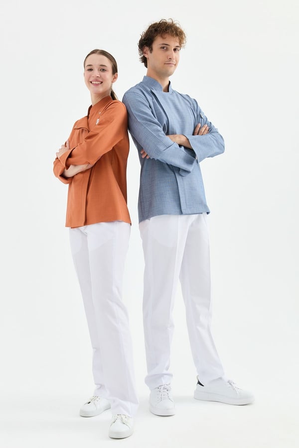 1923 Gizli Pat Şef Ceketi Lacivert - Keten Dokulu Esnek Mutfak Kıyafeti - MyChef Uniforms