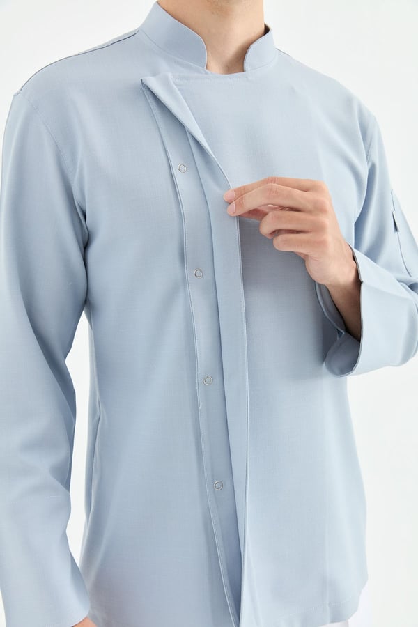 1923 Gizli Pat Erkek Şef Ceketi Mavi - Keten Dokulu Esnek Mutfak Kıyafeti - MyChef Uniforms