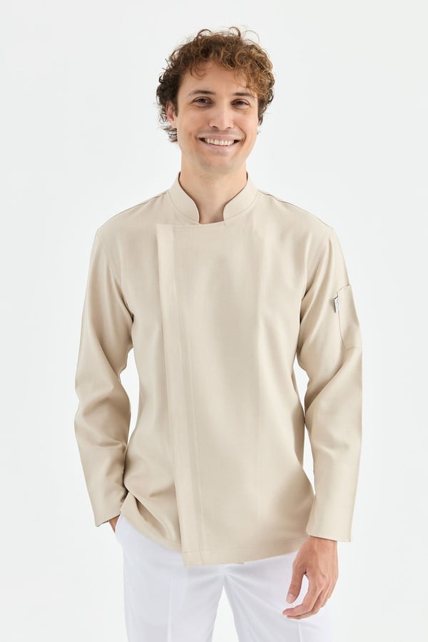1923 Gizli Pat Erkek Şef Ceketi Bej - Keten Dokulu Esnek Mutfak Kıyafeti - MyChef Uniforms