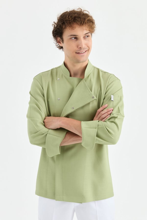 1923 Gizli Pat Erkek Şef Ceketi Yeşil - Keten Dokulu Esnek Mutfak Kıyafeti - MyChef Uniforms