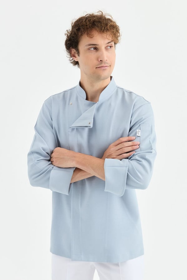 1923 Gizli Pat Erkek Şef Ceketi Mavi - Keten Dokulu Esnek Mutfak Kıyafeti - MyChef Uniforms