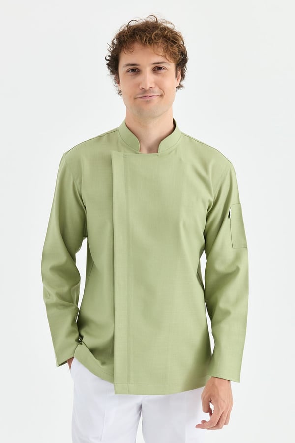 1923 Gizli Pat Erkek Şef Ceketi Yeşil - Keten Dokulu Esnek Mutfak Kıyafeti - MyChef Uniforms