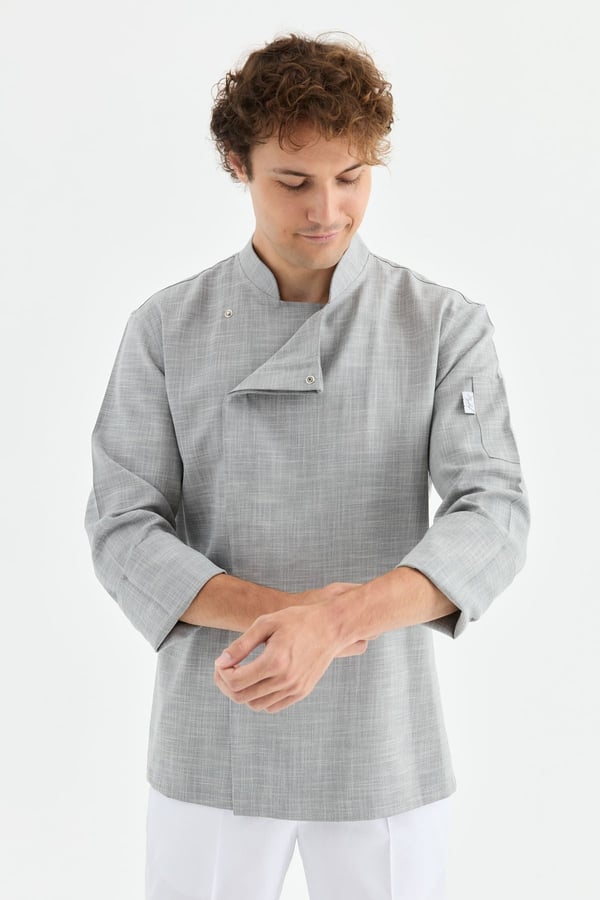 1923 Gizli Pat Şef Ceketi Koyu Gri - Keten Dokulu Esnek Mutfak Kıyafeti - MyChef Uniforms