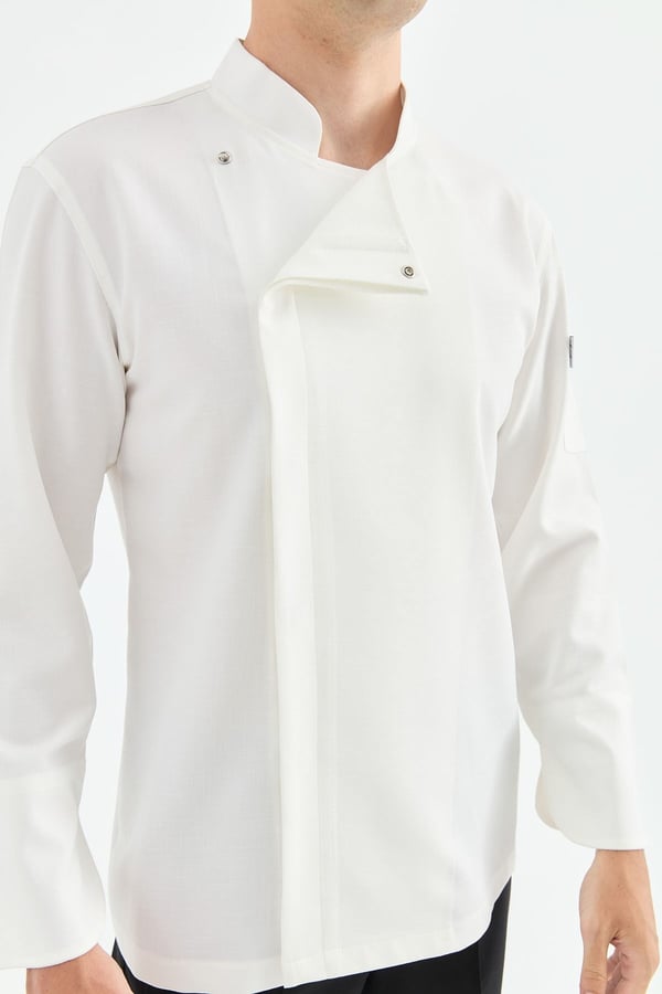 1923 Gizli Pat Erkek Şef Ceketi Beyaz - Keten Dokulu Esnek Mutfak Kıyafeti - MyChef Uniforms