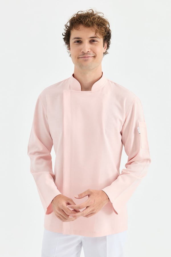 1923 Gizli Pat Erkek Şef Ceketi Pembe - Keten Dokulu Esnek Mutfak Kıyafeti - MyChef Uniforms
