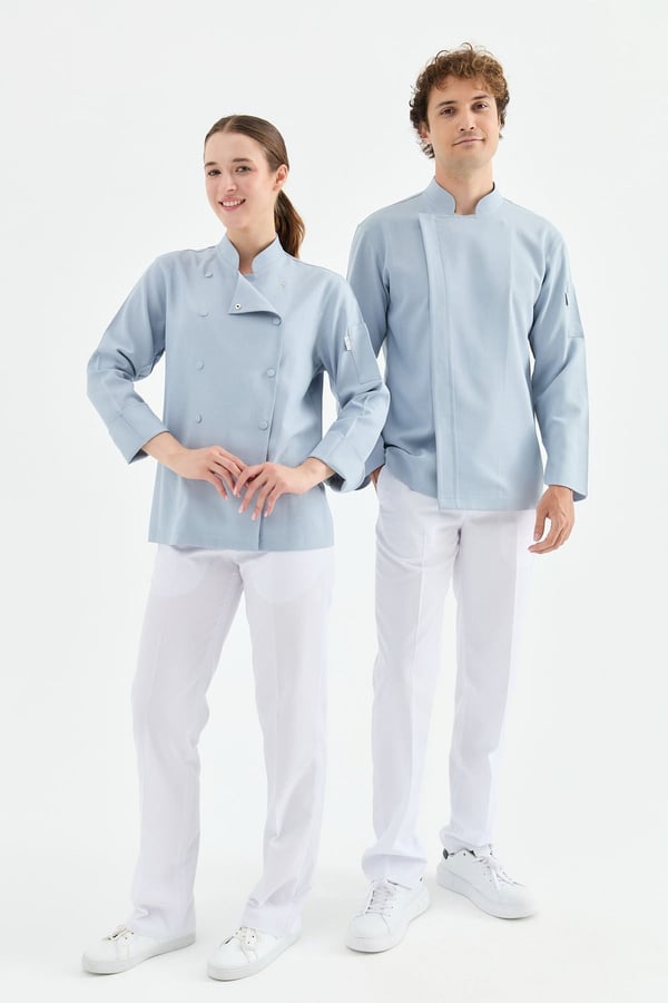 1923 Gizli Pat Erkek Şef Ceketi Mavi - Keten Dokulu Esnek Mutfak Kıyafeti - MyChef Uniforms