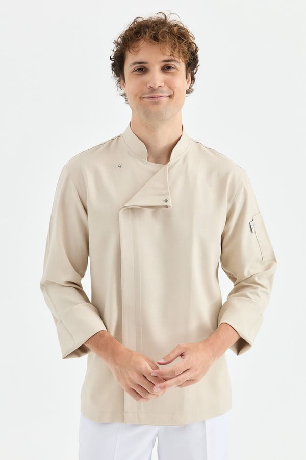 1923 Gizli Pat Erkek Şef Ceketi Bej - Keten Dokulu Esnek Mutfak Kıyafeti - MyChef Uniforms