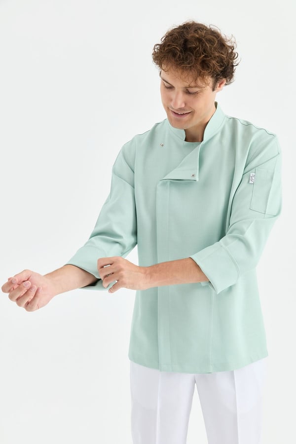 1923 Gizli Pat Şef Ceketi Turkuaz - Keten Dokulu Esnek Mutfak Kıyafeti - MyChef Uniforms