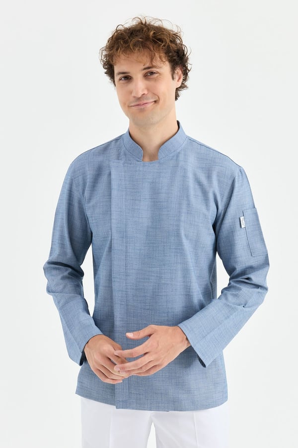 1923 Gizli Pat Şef Ceketi Lacivert - Keten Dokulu Esnek Mutfak Kıyafeti - MyChef Uniforms