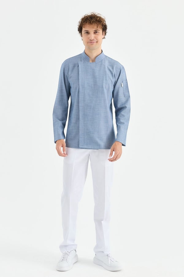 1923 Gizli Pat Şef Ceketi Lacivert - Keten Dokulu Esnek Mutfak Kıyafeti - MyChef Uniforms