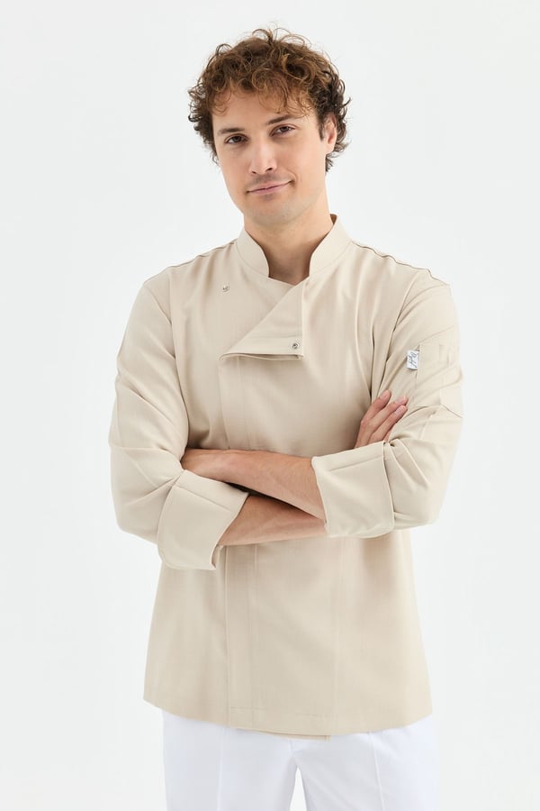 1923 Gizli Pat Erkek Şef Ceketi Bej - Keten Dokulu Esnek Mutfak Kıyafeti - MyChef Uniforms