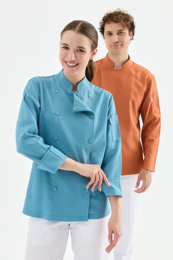 1923 Gizli Pat Erkek Şef Ceketi Kiremit - Keten Dokulu Esnek Mutfak Kıyafeti - MyChef Uniforms