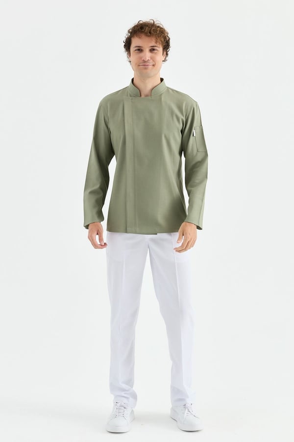 1923 Gizli Pat Erkek Şef Ceketi Haki - Keten Dokulu Esnek Mutfak Kıyafeti - MyChef Uniforms