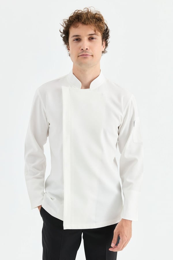 1923 Gizli Pat Erkek Şef Ceketi Beyaz - Keten Dokulu Esnek Mutfak Kıyafeti - MyChef Uniforms