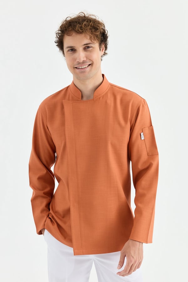 1923 Gizli Pat Erkek Şef Ceketi Kiremit - Keten Dokulu Esnek Mutfak Kıyafeti - MyChef Uniforms