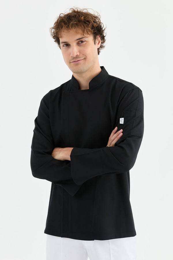 1923 Gizli Pat Erkek Şef Ceketi Siyah - Keten Dokulu Esnek Mutfak Kıyafeti - MyChef Uniforms