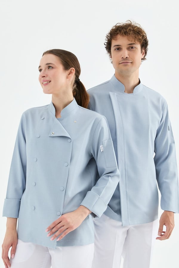 1923 Gizli Pat Erkek Şef Ceketi Mavi - Keten Dokulu Esnek Mutfak Kıyafeti - MyChef Uniforms