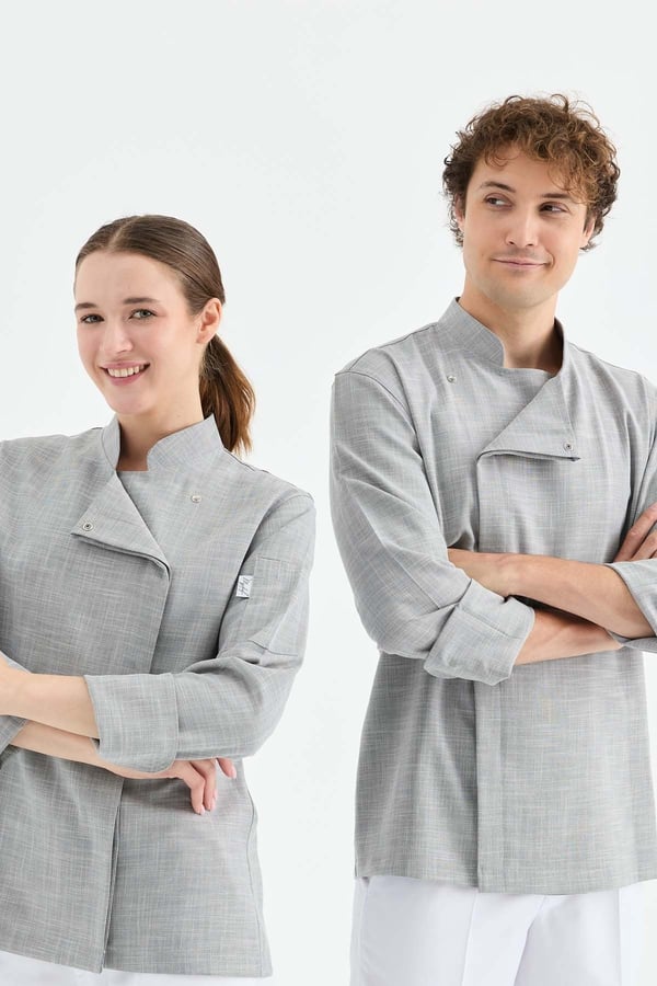 1923 Gizli Pat Şef Ceketi Koyu Gri - Keten Dokulu Esnek Mutfak Kıyafeti - MyChef Uniforms