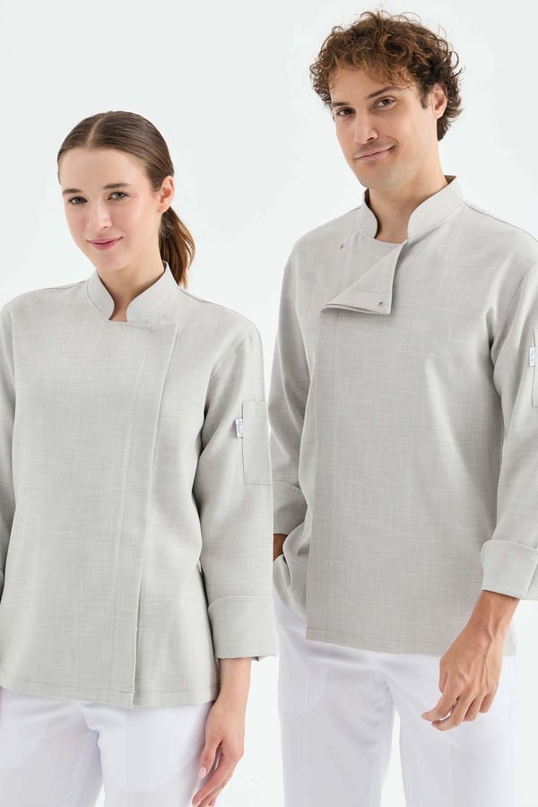 1923 Gizli Pat Şef Ceketi Gri - Keten Dokulu Esnek Mutfak Kıyafeti - MyChef Uniforms