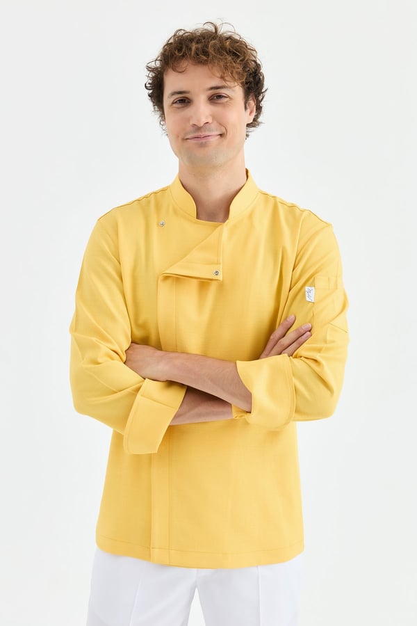 1923 Gizli Pat Erkek Şef Ceketi Sarı - Keten Dokulu Esnek Mutfak Kıyafeti - MyChef Uniforms