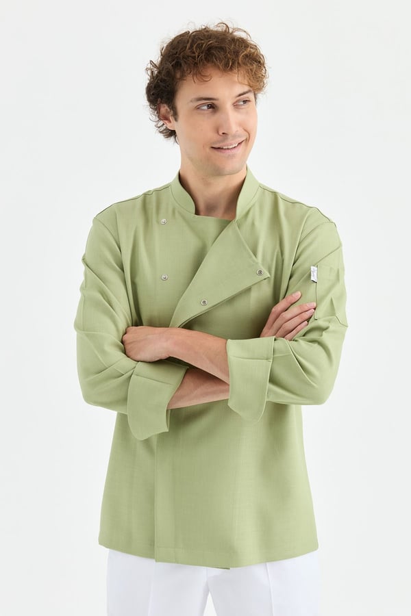 1923 Gizli Pat Erkek Şef Ceketi Yeşil - Keten Dokulu Esnek Mutfak Kıyafeti - MyChef Uniforms