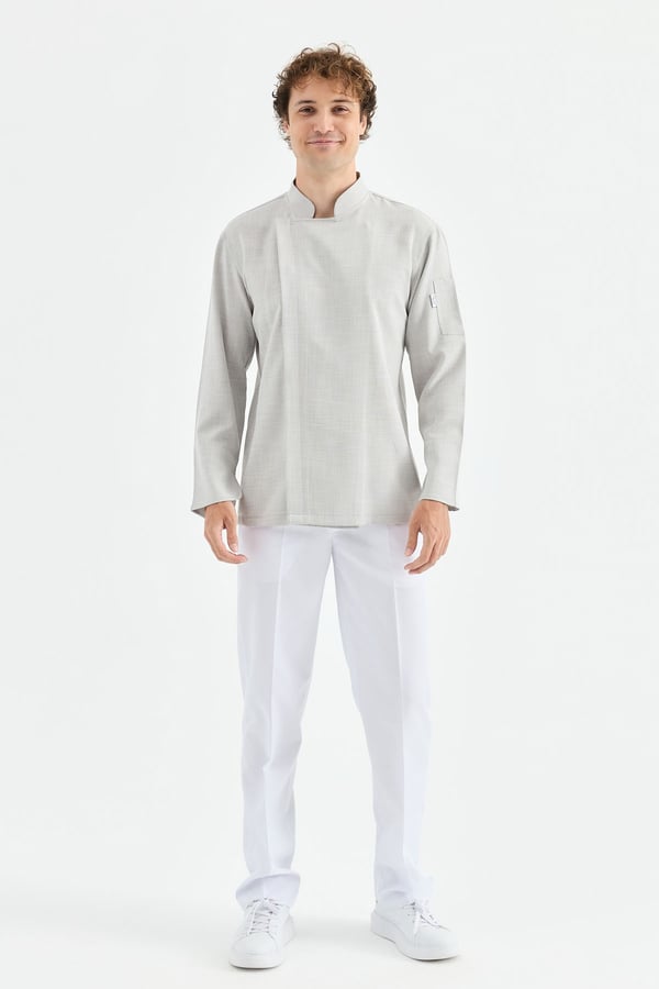 1923 Gizli Pat Şef Ceketi Gri - Keten Dokulu Esnek Mutfak Kıyafeti - MyChef Uniforms