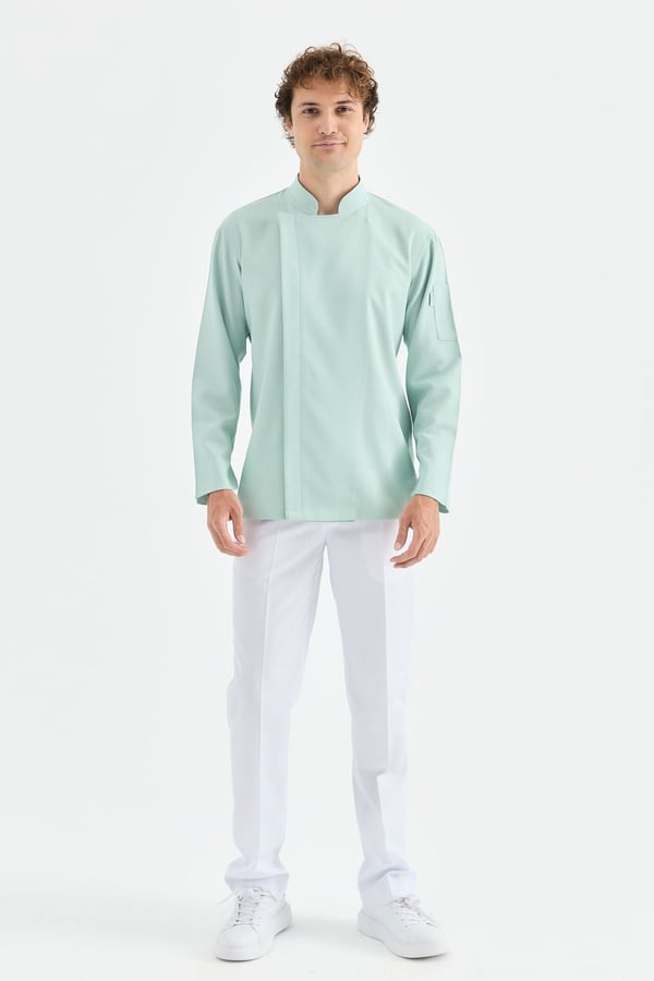 1923 Gizli Pat Şef Ceketi Turkuaz - Keten Dokulu Esnek Mutfak Kıyafeti - MyChef Uniforms