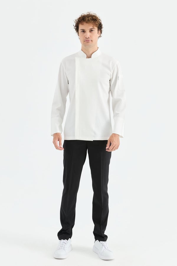 1923 Gizli Pat Erkek Şef Ceketi Beyaz - Keten Dokulu Esnek Mutfak Kıyafeti - MyChef Uniforms