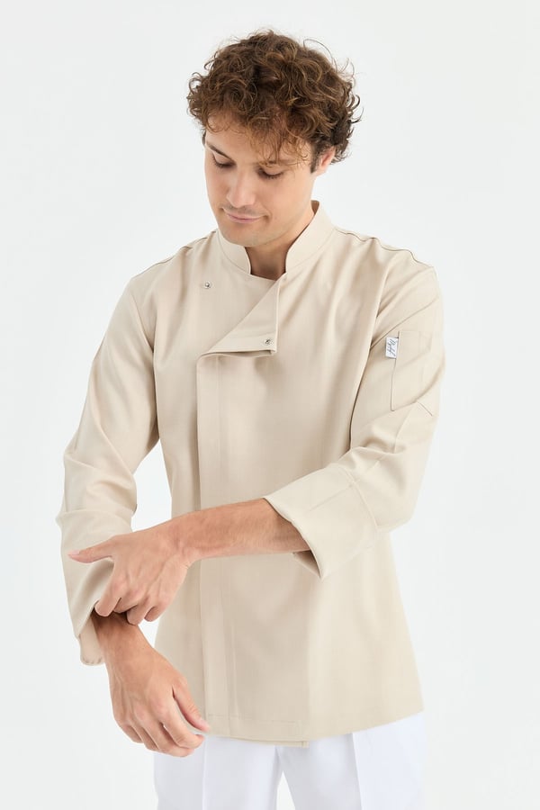 1923 Gizli Pat Erkek Şef Ceketi Bej - Keten Dokulu Esnek Mutfak Kıyafeti - MyChef Uniforms