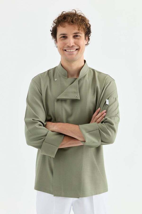 1923 Gizli Pat Erkek Şef Ceketi Haki - Keten Dokulu Esnek Mutfak Kıyafeti - MyChef Uniforms