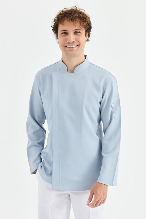 1923 Gizli Pat Erkek Şef Ceketi Mavi - Keten Dokulu Esnek Mutfak Kıyafeti - MyChef Uniforms
