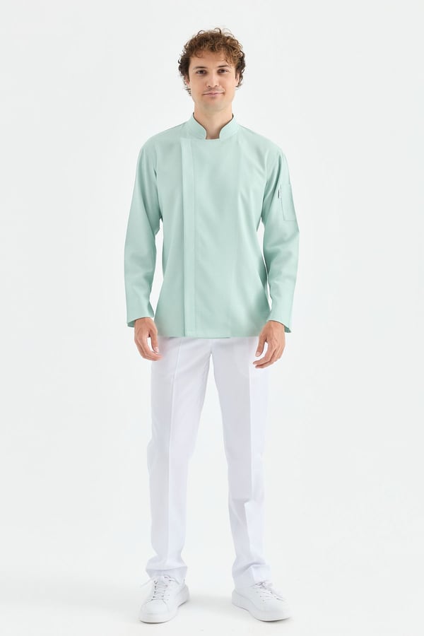 1923 Gizli Pat Şef Ceketi Turkuaz - Keten Dokulu Esnek Mutfak Kıyafeti - MyChef Uniforms