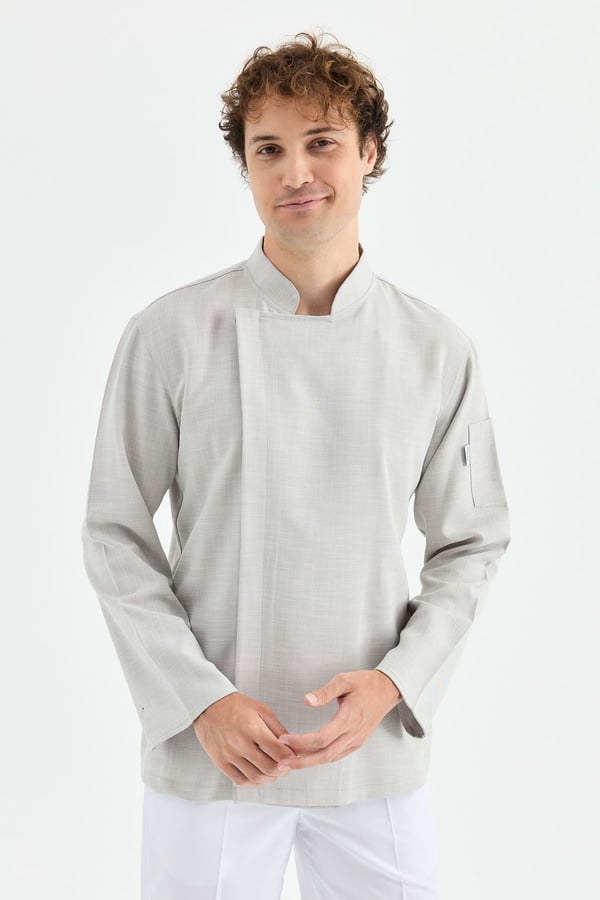 1923 Gizli Pat Şef Ceketi Gri - Keten Dokulu Esnek Mutfak Kıyafeti - MyChef Uniforms