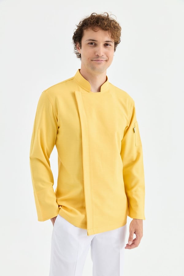1923 Gizli Pat Erkek Şef Ceketi Sarı - Keten Dokulu Esnek Mutfak Kıyafeti - MyChef Uniforms