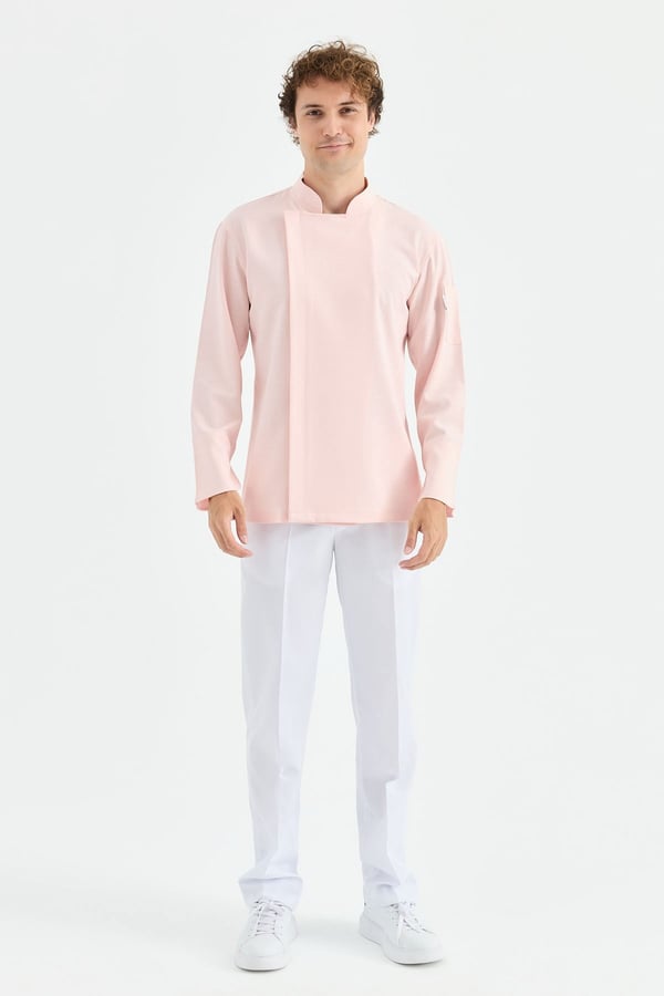 1923 Gizli Pat Erkek Şef Ceketi Pembe - Keten Dokulu Esnek Mutfak Kıyafeti - MyChef Uniforms