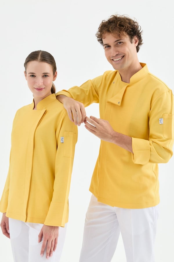 1923 Gizli Pat Erkek Şef Ceketi Sarı - Keten Dokulu Esnek Mutfak Kıyafeti - MyChef Uniforms