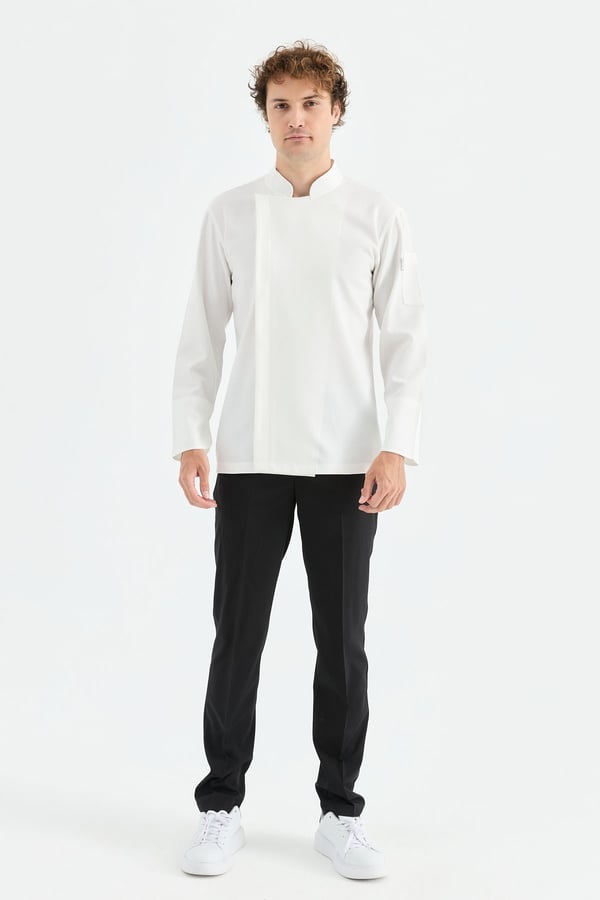 1923 Gizli Pat Erkek Şef Ceketi Beyaz - Keten Dokulu Esnek Mutfak Kıyafeti - MyChef Uniforms