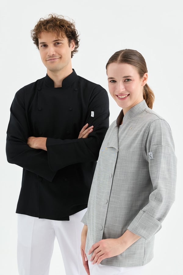 1923 Gizli Pat Erkek Şef Ceketi Siyah - Keten Dokulu Esnek Mutfak Kıyafeti - MyChef Uniforms