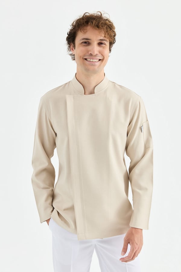 1923 Gizli Pat Erkek Şef Ceketi Bej - Keten Dokulu Esnek Mutfak Kıyafeti - MyChef Uniforms