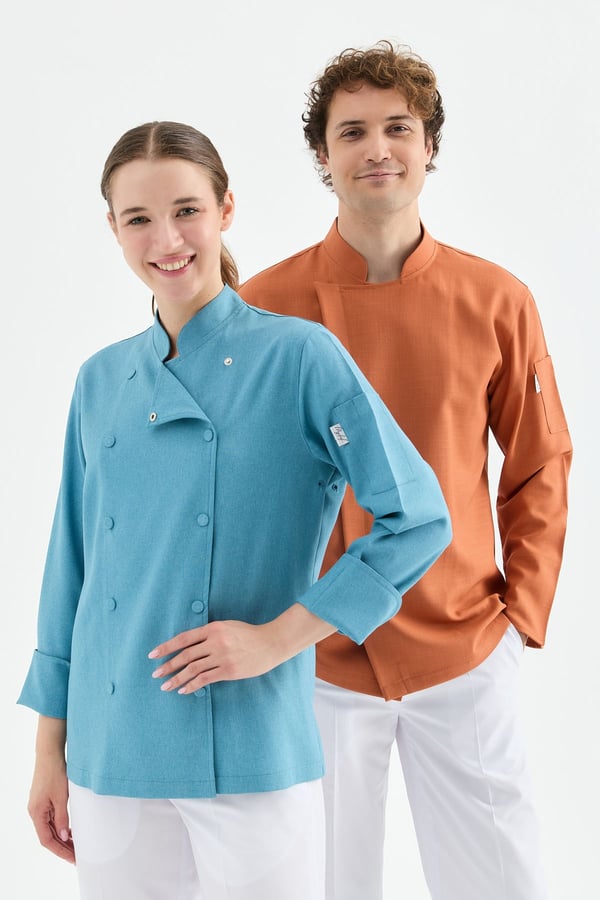 1923 Gizli Pat Erkek Şef Ceketi Kiremit - Keten Dokulu Esnek Mutfak Kıyafeti - MyChef Uniforms