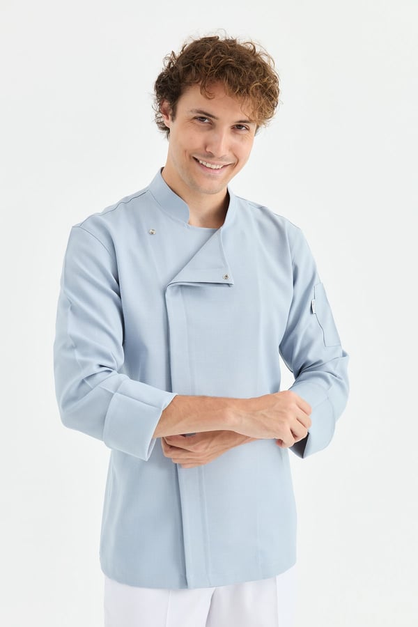 1923 Gizli Pat Erkek Şef Ceketi Mavi - Keten Dokulu Esnek Mutfak Kıyafeti - MyChef Uniforms