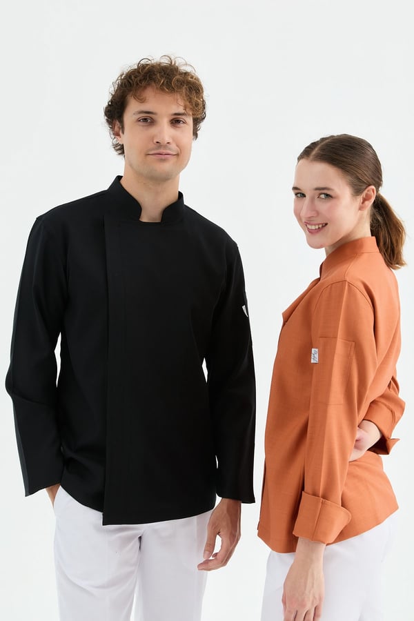 1923 Gizli Pat Erkek Şef Ceketi Siyah - Keten Dokulu Esnek Mutfak Kıyafeti - MyChef Uniforms