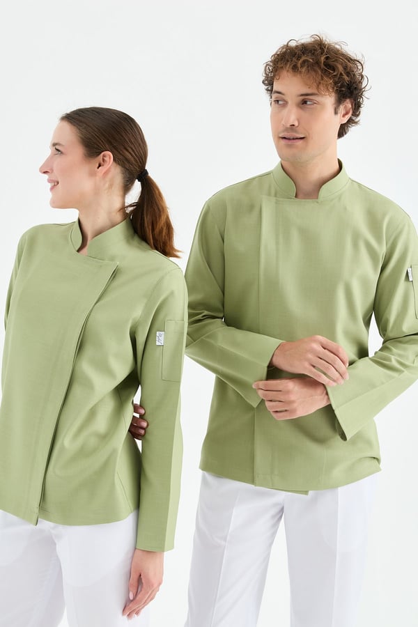 1923 Gizli Pat Erkek Şef Ceketi Yeşil - Keten Dokulu Esnek Mutfak Kıyafeti - MyChef Uniforms