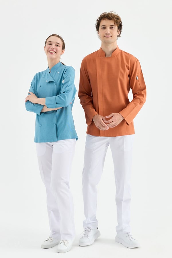 1923 Gizli Pat Erkek Şef Ceketi Kiremit - Keten Dokulu Esnek Mutfak Kıyafeti - MyChef Uniforms