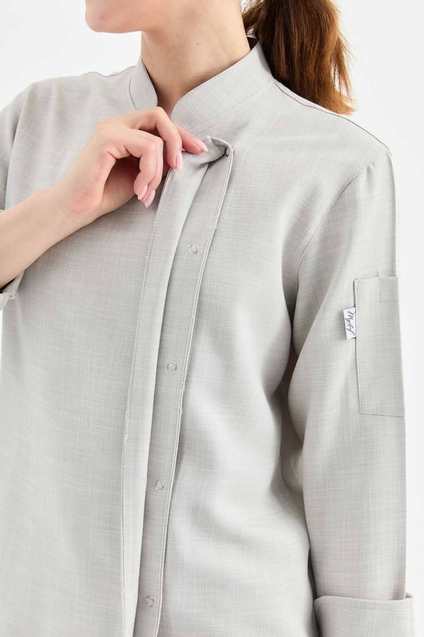 1923 Gizli Pat Kadın Şef Ceketi Gri - Keten Dokulu Esnek Mutfak Kıyafeti - MyChef Uniforms