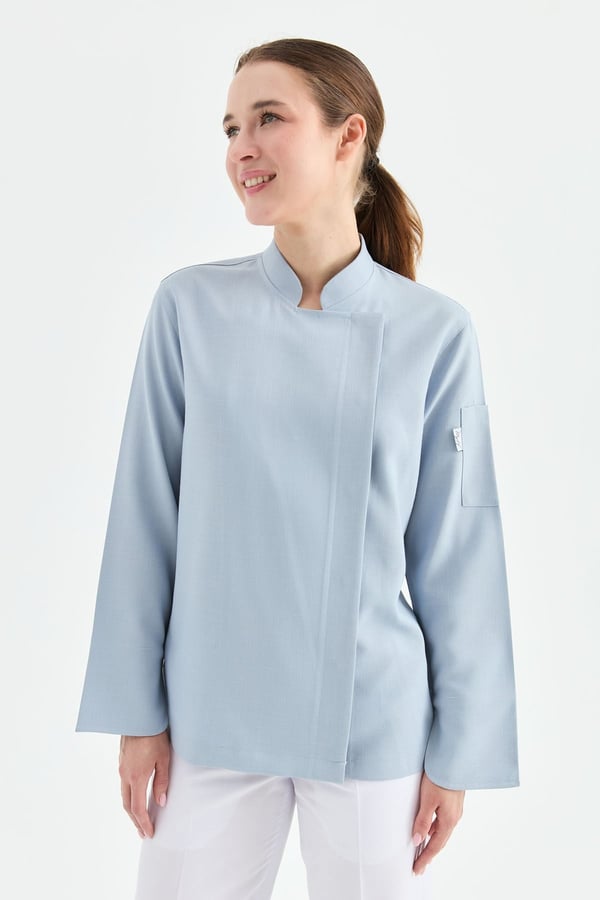 1923 Gizli Pat Kadın Şef Ceketi Mavi - Keten Dokulu Esnek Mutfak Kıyafeti - MyChef Uniforms