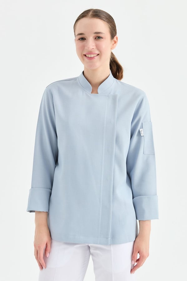 1923 Gizli Pat Kadın Şef Ceketi Mavi - Keten Dokulu Esnek Mutfak Kıyafeti - MyChef Uniforms