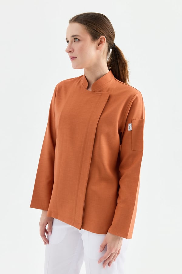 1923 Gizli Pat Şef Ceketi Kiremit - Keten Dokulu Esnek Mutfak Kıyafeti - MyChef Uniforms