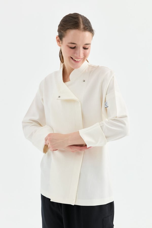 1923 Gizli Pat Kadın Şef Ceketi Krem - Keten Dokulu Esnek Mutfak Kıyafeti - MyChef Uniforms